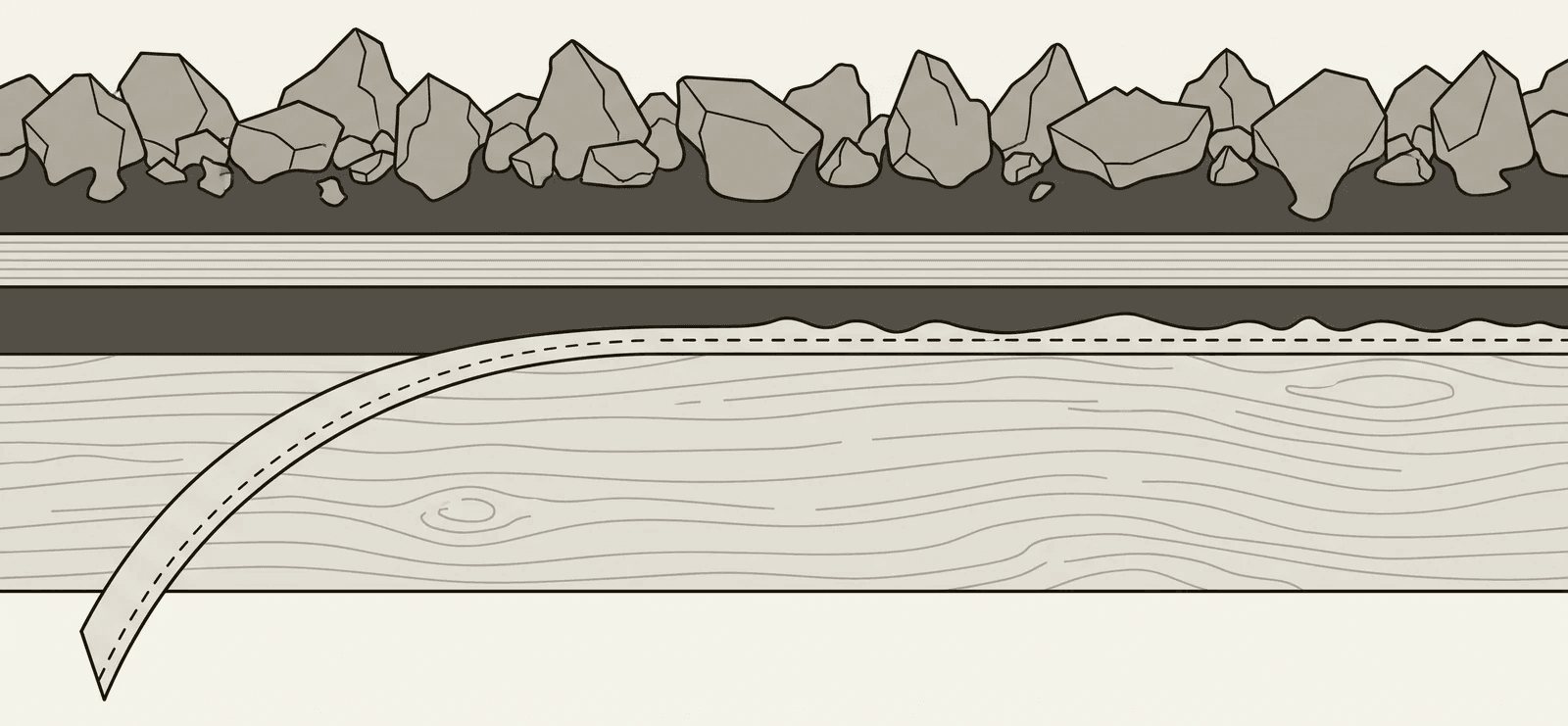 Cross-section of a sheet of griptape on a deck: the grain standing proud of the bond, the backing, the adhesive, and the release liner peeling off the wood