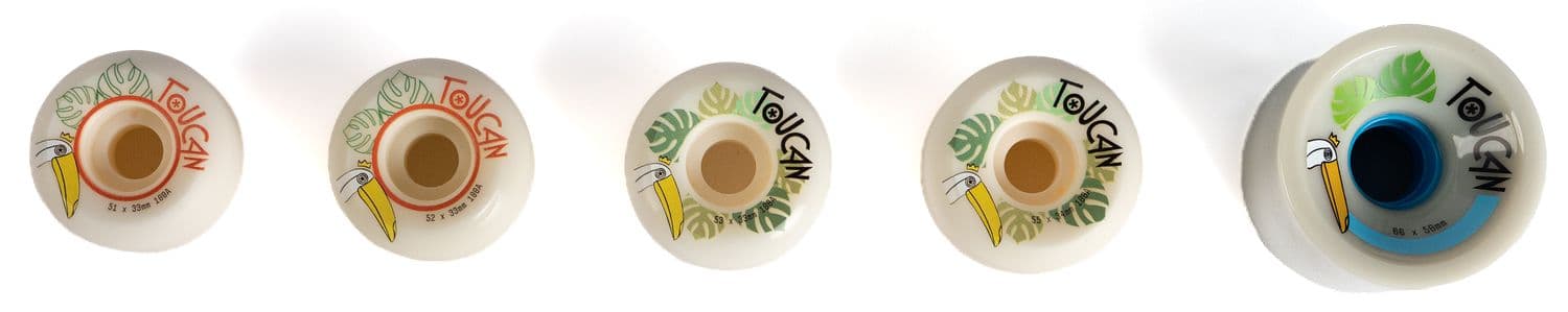 Five skateboard wheels photographed side by side at true relative size, from a 51mm trick wheel up to a 66mm surfskate wheel